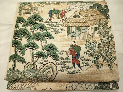 平和屋着物◎六通柄袋帯　人物風景文　金糸　正絹　逸品　CABG5993oy