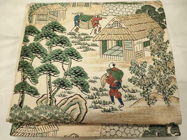 平和屋着物◎六通柄袋帯　人物風景文　金糸　正絹　逸品　CABG5993oy