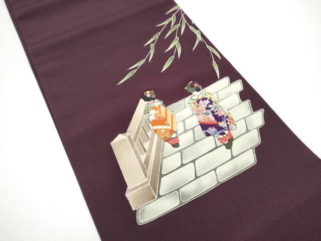 平和屋着物●太鼓柄袋帯　パッチワーク　人物文　鬼しぼ縮緬　正絹　逸品　CABG6023hy