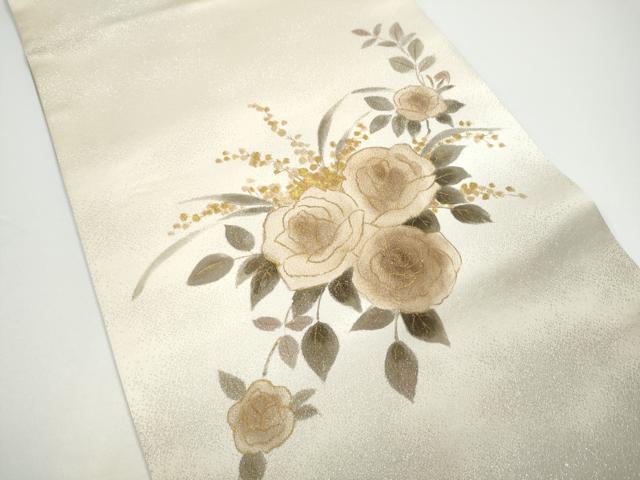 平和屋着物●渡辺空海子　太鼓柄袋帯　薔薇　銀通し地　反端付き　正絹　逸品　CABG6030hy