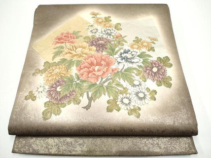 平和屋着物●友禅師・京の名工・伝統工芸士・樽本伊勢蔵 　太鼓柄袋帯　色紙重ね草花文　金銀彩　正絹　逸品　CABG6035hy