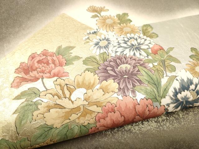 平和屋着物●友禅師・京の名工・伝統工芸士・樽本伊勢蔵 　太鼓柄袋帯　色紙重ね草花文　金銀彩　正絹　逸品　CABG6035hy