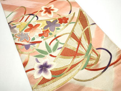 平和屋着物●アンティーク　大正ロマン　丸帯　総刺繍　駒刺繍　草花文　引き抜き帯　正絹　逸品　CABG6041hy
