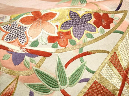 平和屋着物●アンティーク　大正ロマン　丸帯　総刺繍　駒刺繍　草花文　引き抜き帯　正絹　逸品　CABG6041hy