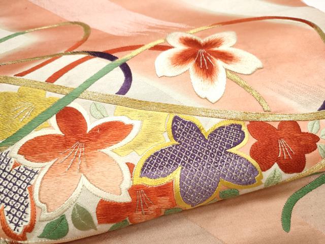 平和屋着物●アンティーク　大正ロマン　丸帯　総刺繍　駒刺繍　草花文　引き抜き帯　正絹　逸品　CABG6041hy
