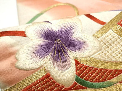 平和屋着物●アンティーク　大正ロマン　丸帯　総刺繍　駒刺繍　草花文　引き抜き帯　正絹　逸品　CABG6041hy