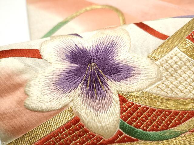 平和屋着物●アンティーク　大正ロマン　丸帯　総刺繍　駒刺繍　草花文　引き抜き帯　正絹　逸品　CABG6041hy
