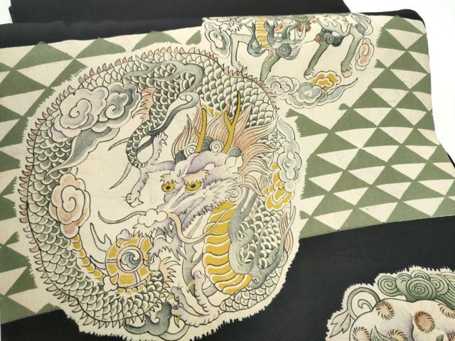 平和屋着物●アンティーク　大正ロマン　全通柄袋帯　雲龍　唐獅子　麒麟　黒地　正絹　逸品　CABG6072hy