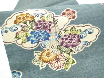 平和屋着物●九寸名古屋帯　型染め　紬地　雲重ね花文　金通し地　正絹　逸品　CABG6091hy