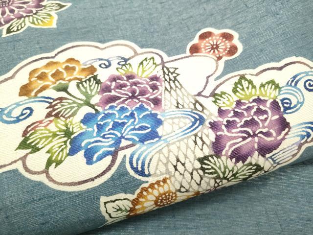 平和屋着物●九寸名古屋帯　型染め　紬地　雲重ね花文　金通し地　正絹　逸品　CABG6091hy