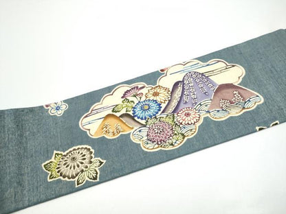 平和屋着物●九寸名古屋帯　型染め　紬地　雲重ね花文　金通し地　正絹　逸品　CABG6091hy