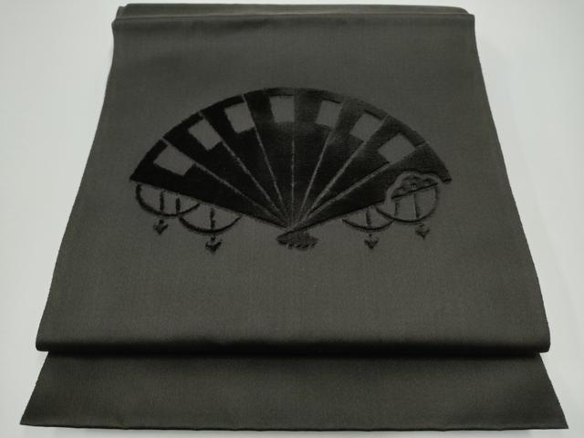平和屋着物●八寸名古屋帯　モール織　桧扇文　黒地　正絹　逸品　CABG6104hy