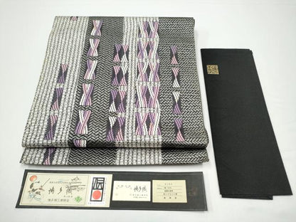 平和屋着物●1897年創業 名門岡野 本場筑前博多織 千年工房 八寸名古屋帯 幾何学文様 岡野謹製 博多金ラベル 証紙 正絹 逸品 CABG6110hy