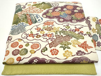 平和屋着物●九寸名古屋帯　型染め　雲重ね草花文　銀通し地　正絹　逸品　CABG6121hy
