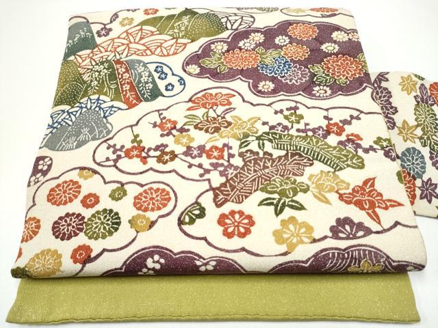 平和屋着物●九寸名古屋帯　型染め　雲重ね草花文　銀通し地　正絹　逸品　CABG6121hy
