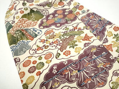平和屋着物●九寸名古屋帯　型染め　雲重ね草花文　銀通し地　正絹　逸品　CABG6121hy