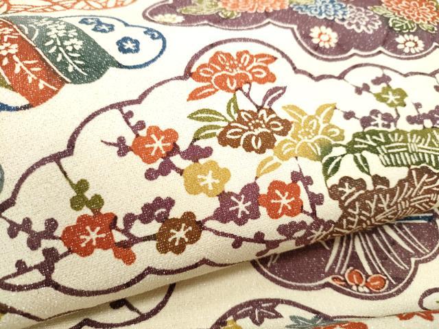 平和屋着物●九寸名古屋帯　型染め　雲重ね草花文　銀通し地　正絹　逸品　CABG6121hy