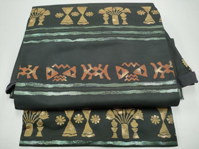 平和屋着物●つけ帯　陶器幾何学花文　黒地　金糸　正絹　逸品　CABG6136hy