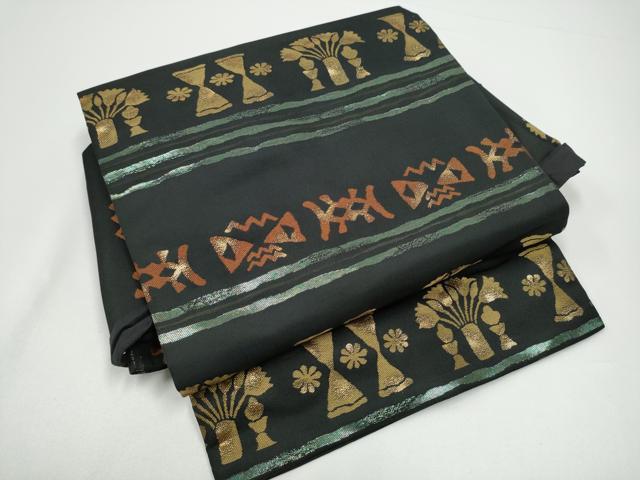 平和屋着物●つけ帯　陶器幾何学花文　黒地　金糸　正絹　逸品　CABG6136hy
