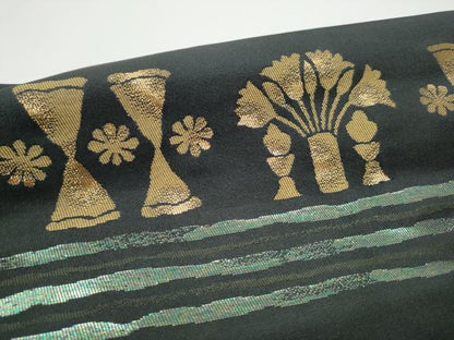 平和屋着物●つけ帯　陶器幾何学花文　黒地　金糸　正絹　逸品　CABG6136hy