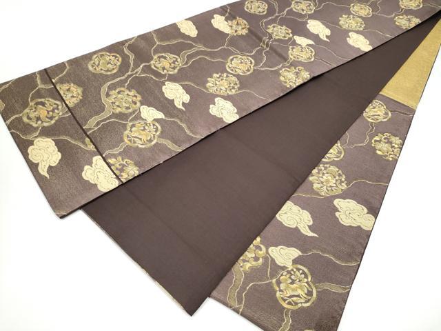 平和屋着物●六通柄袋帯　利休　動物花文　金糸　正絹　逸品　CABG6153hy