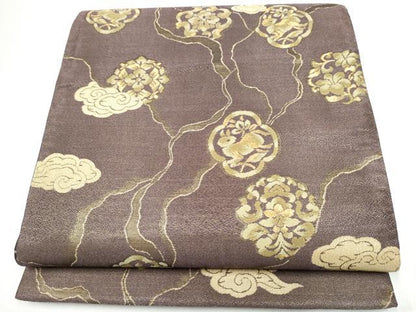 平和屋着物●六通柄袋帯　利休　動物花文　金糸　正絹　逸品　CABG6153hy