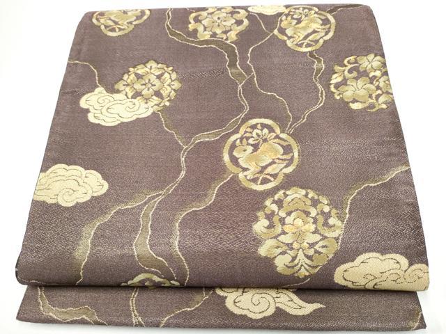 平和屋着物●六通柄袋帯　利休　動物花文　金糸　正絹　逸品　CABG6153hy