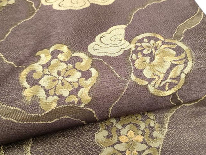 平和屋着物●六通柄袋帯　利休　動物花文　金糸　正絹　逸品　CABG6153hy