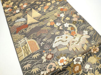 平和屋着物●田中工芸織物 祥園謹製　六通柄袋帯　唐織　風景草花文　金糸　正絹　逸品　CABG6154hy