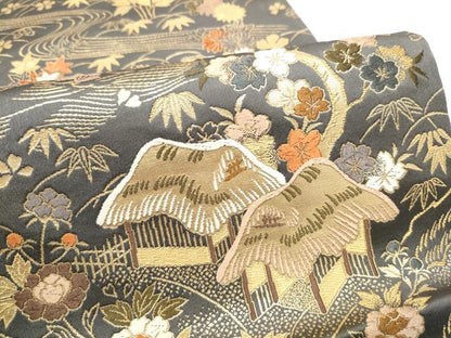 平和屋着物●田中工芸織物 祥園謹製　六通柄袋帯　唐織　風景草花文　金糸　正絹　逸品　CABG6154hy