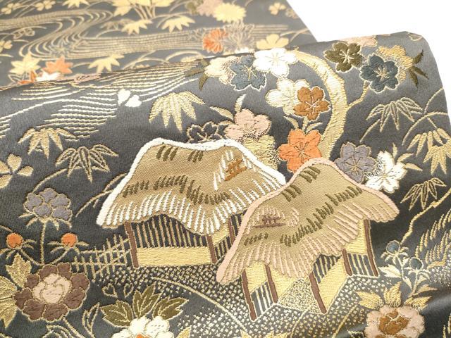 平和屋着物●田中工芸織物 祥園謹製　六通柄袋帯　唐織　風景草花文　金糸　正絹　逸品　CABG6154hy