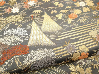 平和屋着物●田中工芸織物 祥園謹製　六通柄袋帯　唐織　風景草花文　金糸　正絹　逸品　CABG6154hy