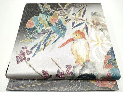 平和屋着物●染色作家　草野一騎　六通柄袋帯　花鳥文　金彩　引箔　正絹　逸品　CABG6170hy