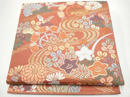 平和屋着物●六通柄袋帯　唐織　流水花文　金銀糸　正絹　逸品　CABG6171hy
