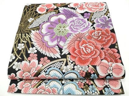 平和屋着物●六通柄袋帯　唐織　草花文　黒地　金糸　正絹　逸品　CABG6183hy
