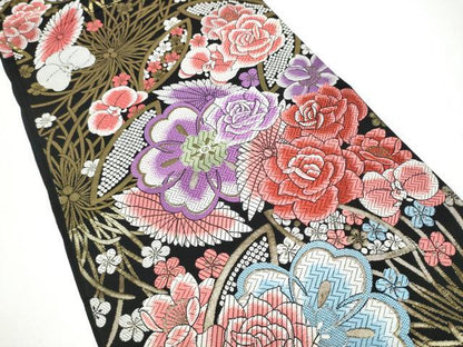 平和屋着物●六通柄袋帯　唐織　草花文　黒地　金糸　正絹　逸品　CABG6183hy