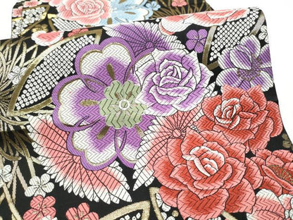 平和屋着物●六通柄袋帯　唐織　草花文　黒地　金糸　正絹　逸品　CABG6183hy