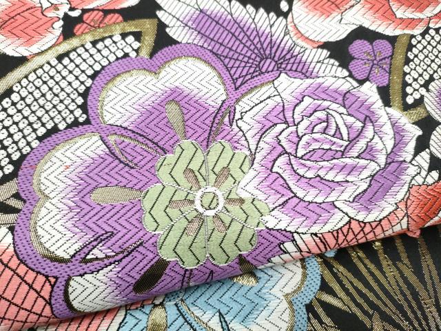 平和屋着物●六通柄袋帯　唐織　草花文　黒地　金糸　正絹　逸品　CABG6183hy