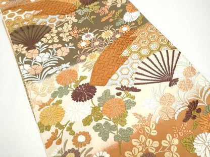 平和屋着物●西陣　河合美術織物謹製　六通柄袋帯　扇面吉祥花文　金糸　正絹　逸品　CABG6184hy