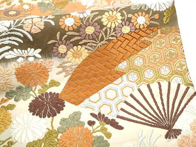 平和屋着物●西陣　河合美術織物謹製　六通柄袋帯　扇面吉祥花文　金糸　正絹　逸品　CABG6184hy