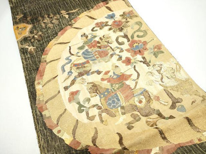 平和屋着物▽太鼓柄袋帯　スリーシーズン　春夏秋　すくい織　狩猟文　金糸　正絹　逸品　CABG6194hy