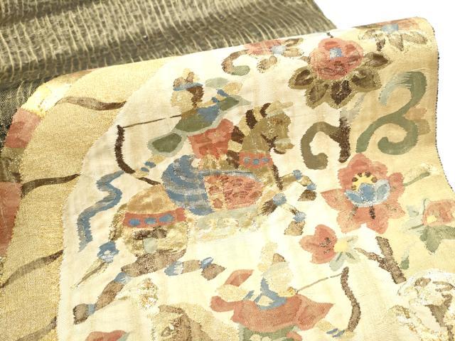 平和屋着物▽太鼓柄袋帯　スリーシーズン　春夏秋　すくい織　狩猟文　金糸　正絹　逸品　CABG6194hy