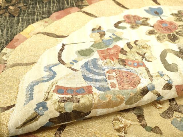 平和屋着物▽太鼓柄袋帯　スリーシーズン　春夏秋　すくい織　狩猟文　金糸　正絹　逸品　CABG6194hy