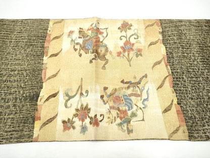 平和屋着物▽太鼓柄袋帯　スリーシーズン　春夏秋　すくい織　狩猟文　金糸　正絹　逸品　CABG6194hy