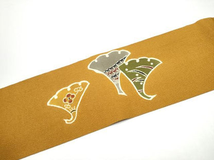 平和屋着物●九寸名古屋帯　型染め　舞葉梅文　鬼しぼ縮緬　正絹　逸品　CABG6211hy