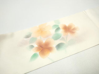 平和屋着物●塩瀬　九寸名古屋帯　枝花文　銀彩　正絹　逸品　CABG6212hy