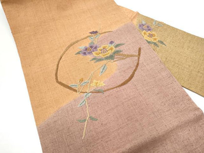 平和屋着物●中国三大刺繍　相良刺繍　総刺繍　九寸名古屋帯　枝花文　銀彩　正絹　逸品　CABG6213hy