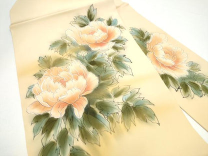 平和屋着物●塩瀬　九寸名古屋帯　手描き　牡丹　金彩　正絹　逸品　CABG6215hy