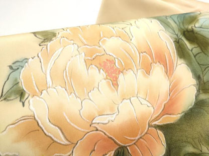 平和屋着物●塩瀬　九寸名古屋帯　手描き　牡丹　金彩　正絹　逸品　CABG6215hy