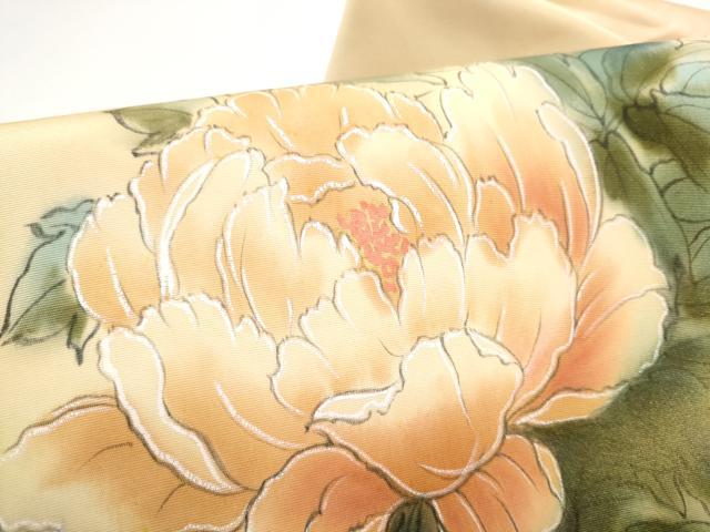 平和屋着物●塩瀬　九寸名古屋帯　手描き　牡丹　金彩　正絹　逸品　CABG6215hy